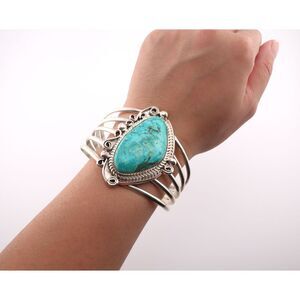 Handmade Navajo 5-Split Turquoise Cabochon Stone Cuff Bracelet Jewelry sz 7.25**
